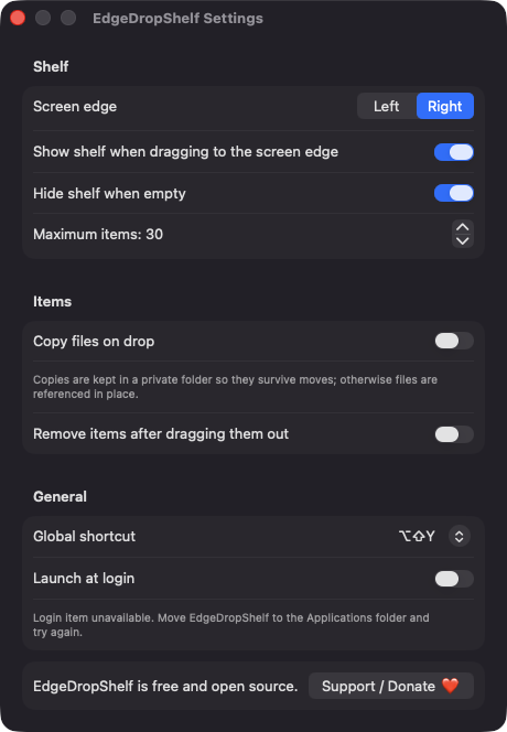 EdgeDropShelf Settings window