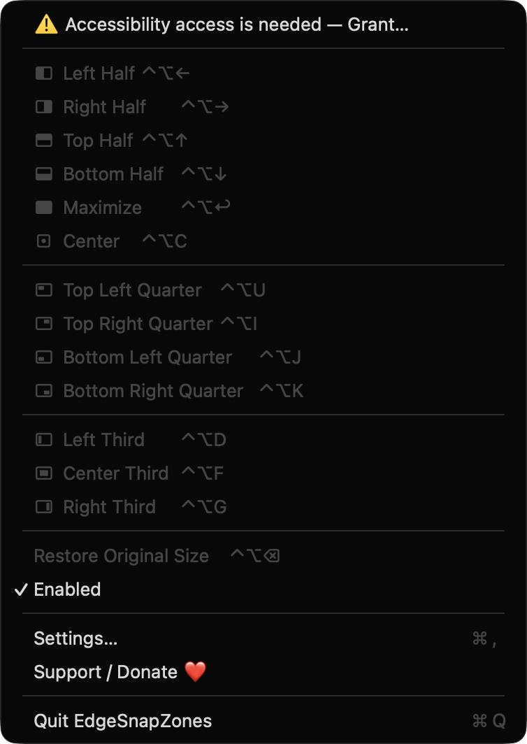 EdgeSnapZones menu bar menu with snap layouts and shortcuts