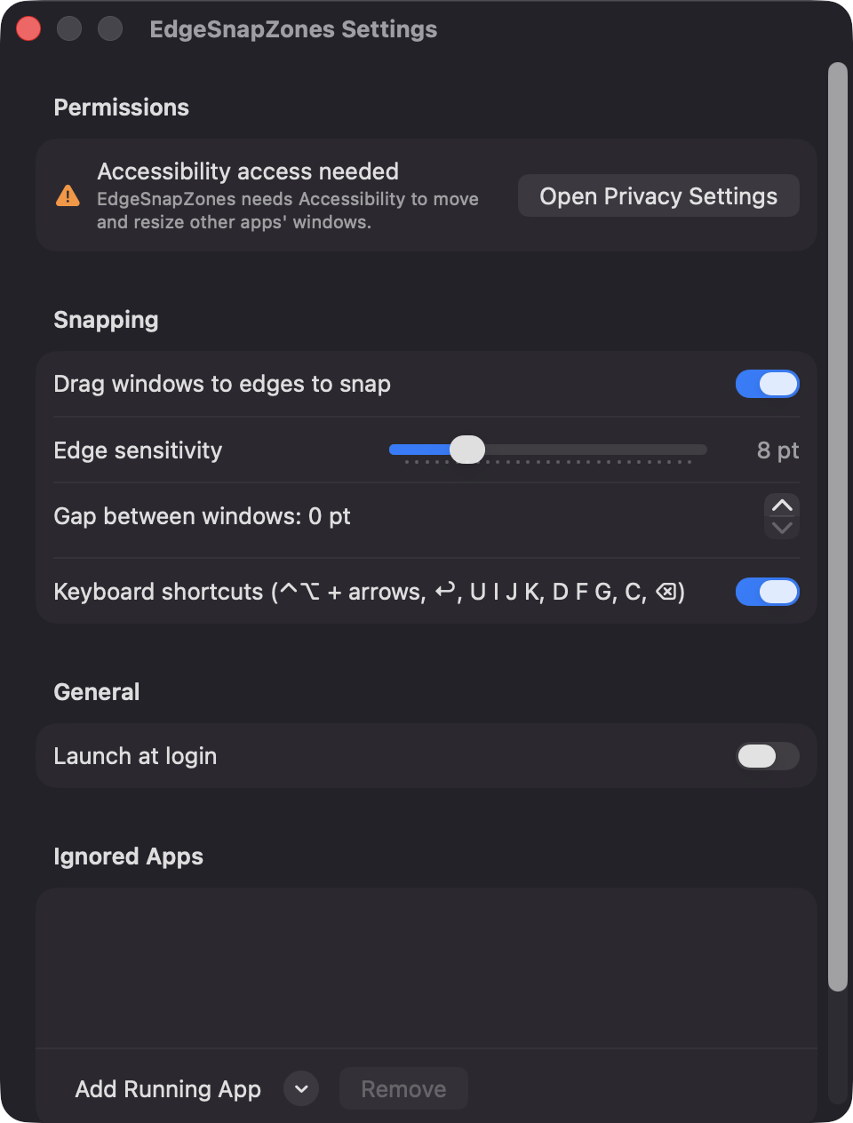 EdgeSnapZones Settings window