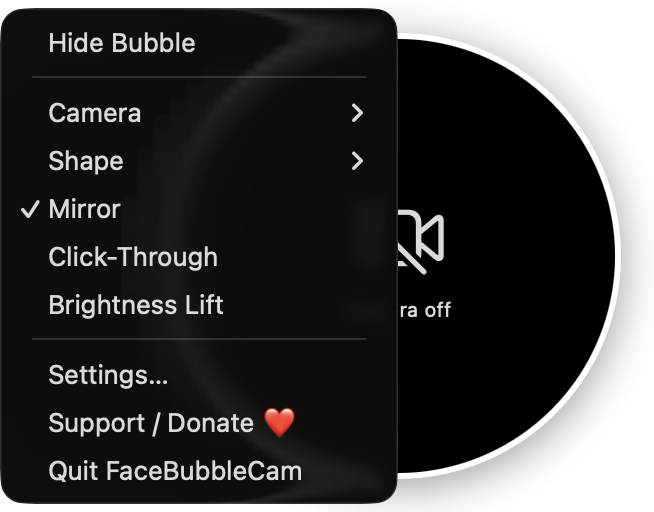Round FaceBubbleCam bubble with its quick-options context menu