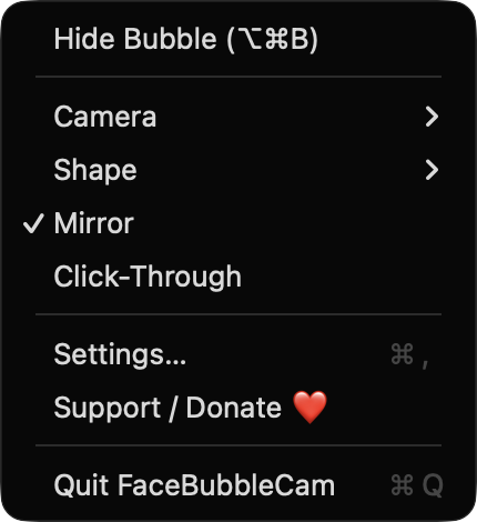 FaceBubbleCam menu bar menu