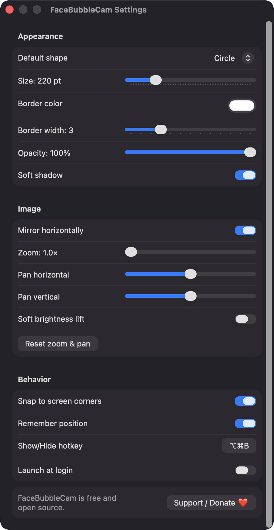FaceBubbleCam Settings window