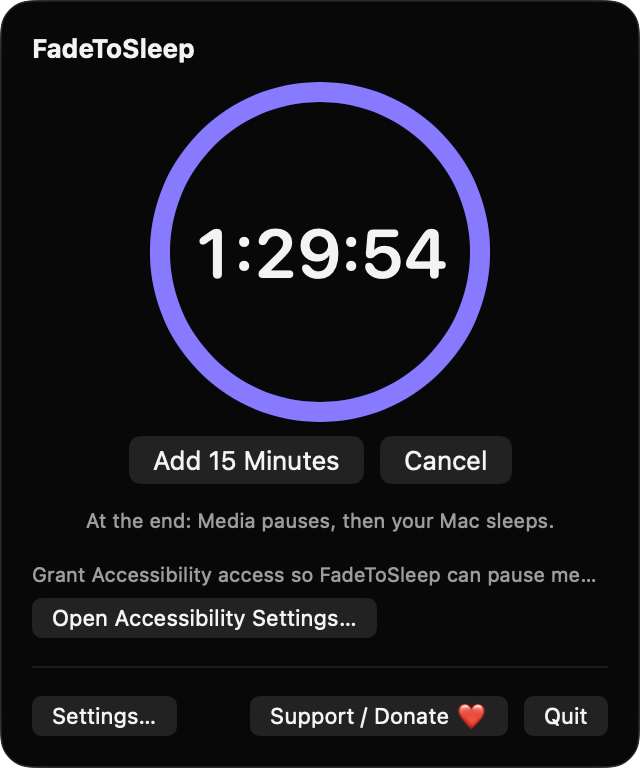FadeToSleep popover showing a 1:29:54 countdown ring