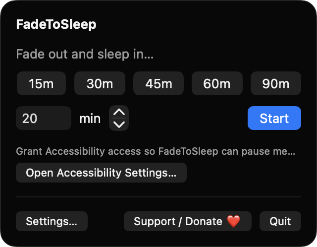 FadeToSleep popover with duration presets and Start button