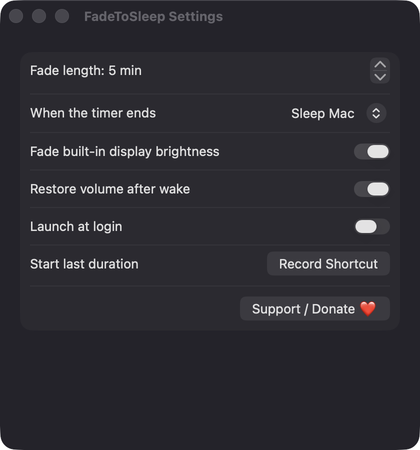 FadeToSleep Settings window