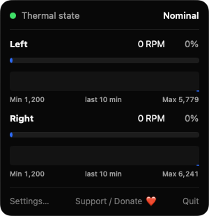 FanSpeedGlance popover listing Left and Right fans with RPM and thermal state