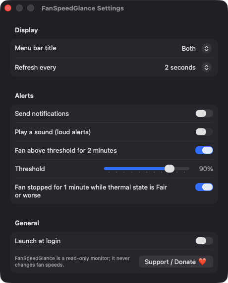 FanSpeedGlance Settings window with display, alerts and general sections