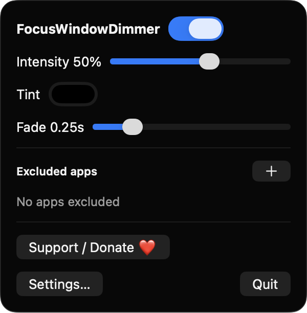 FocusWindowDimmer menu bar popover with dimming toggle, intensity and fade sliders