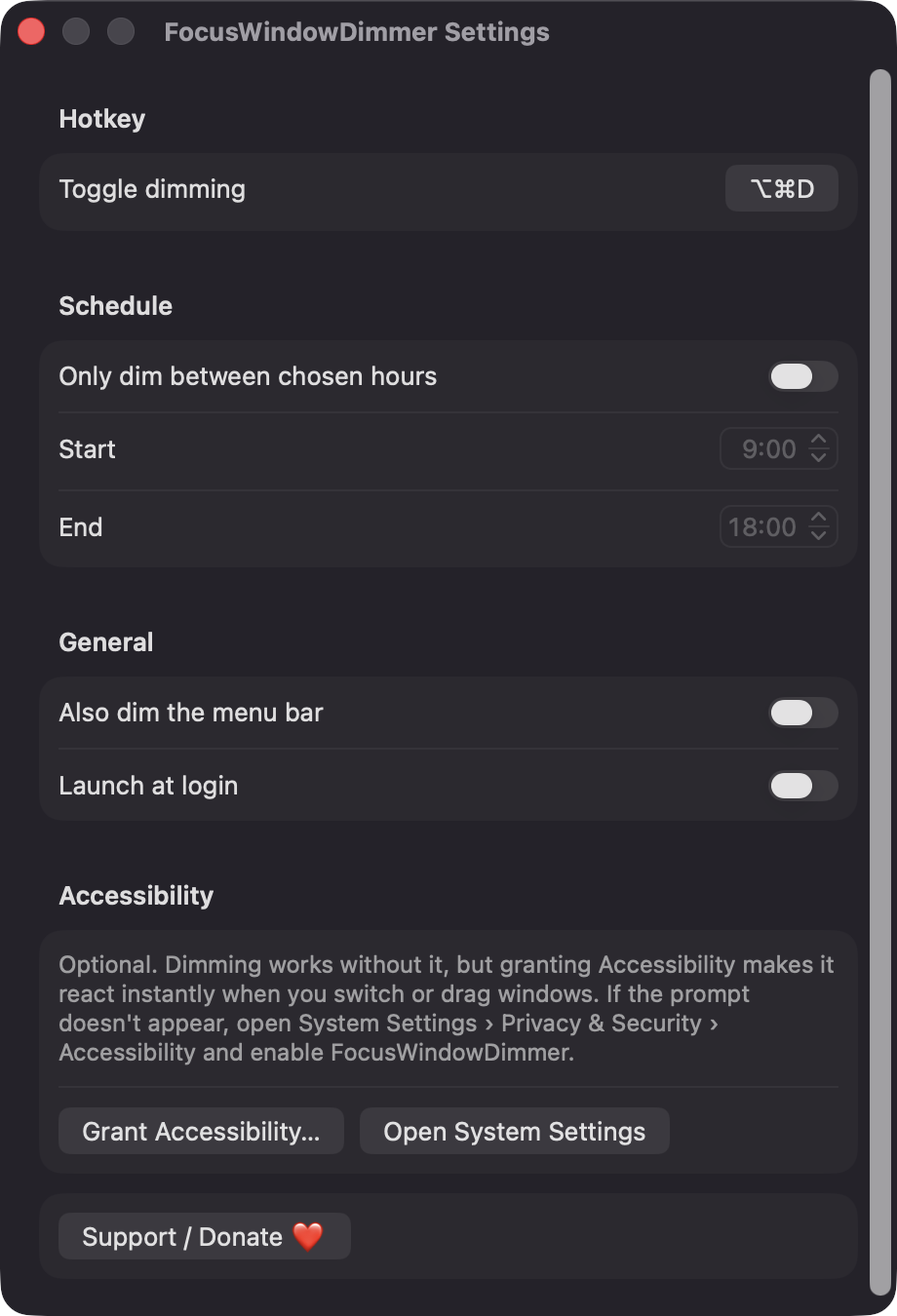 FocusWindowDimmer Settings window with hotkey, schedule, general and accessibility sections