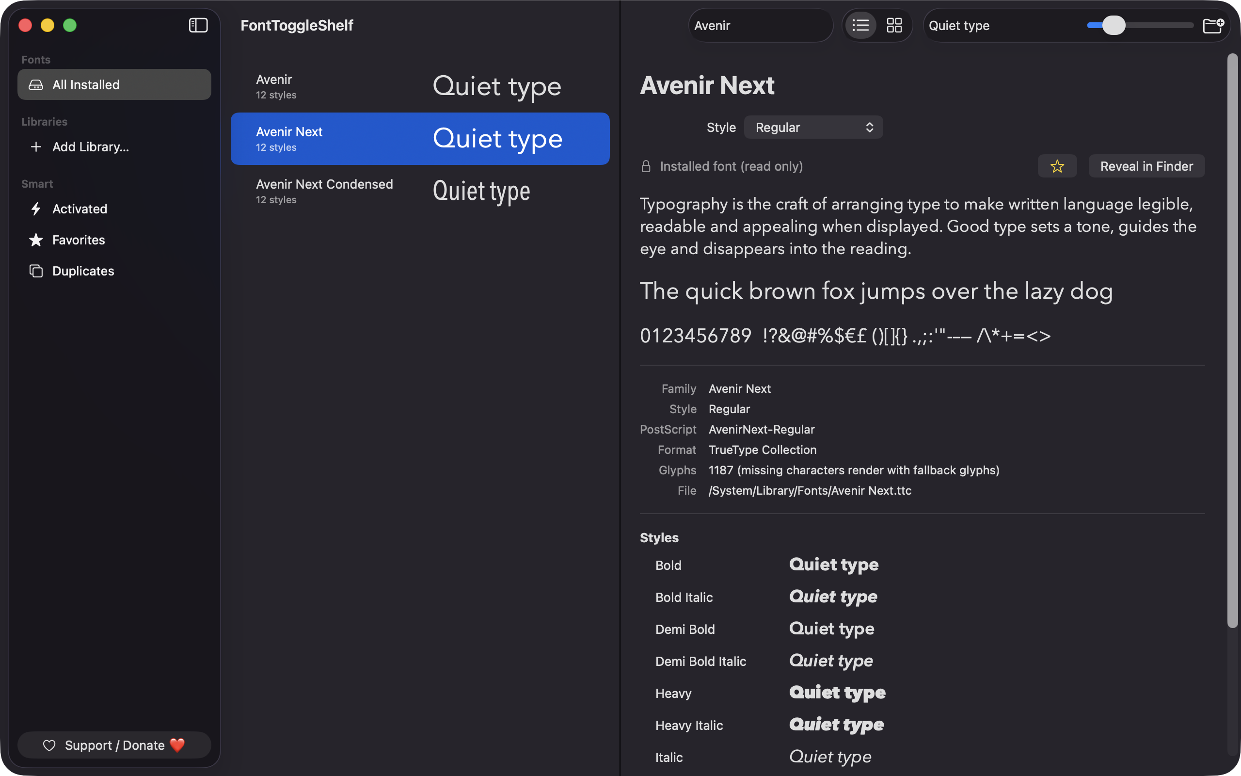 FontToggleShelf main window with Avenir Next selected in the detail pane
