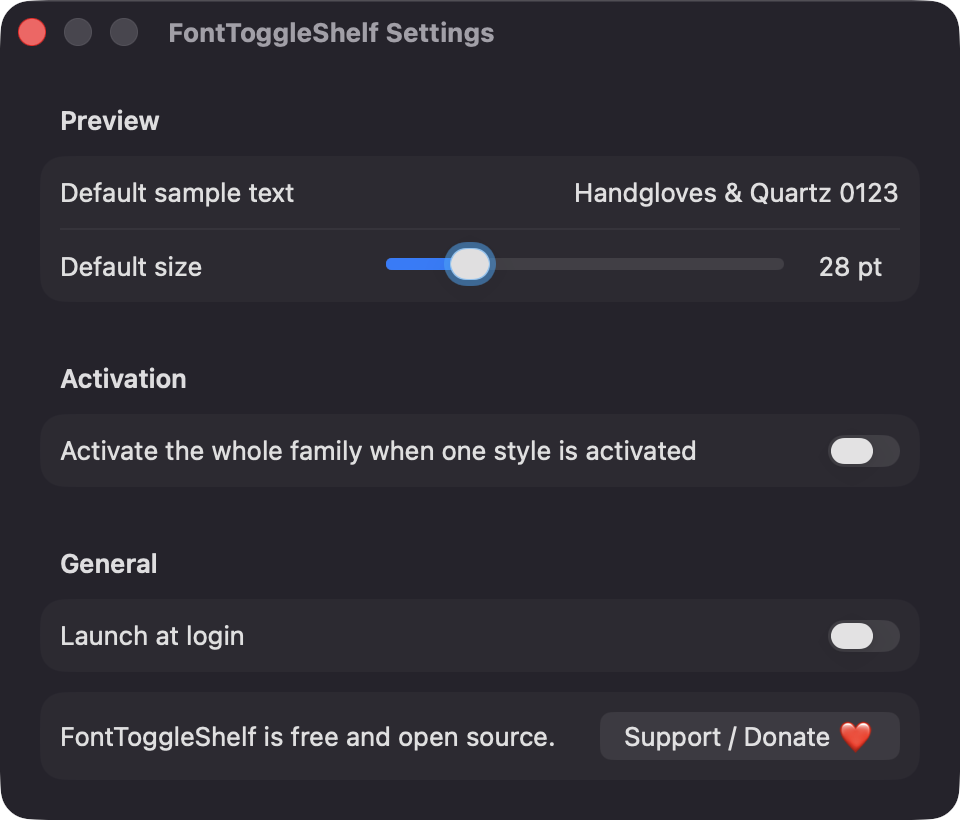 FontToggleShelf Settings window