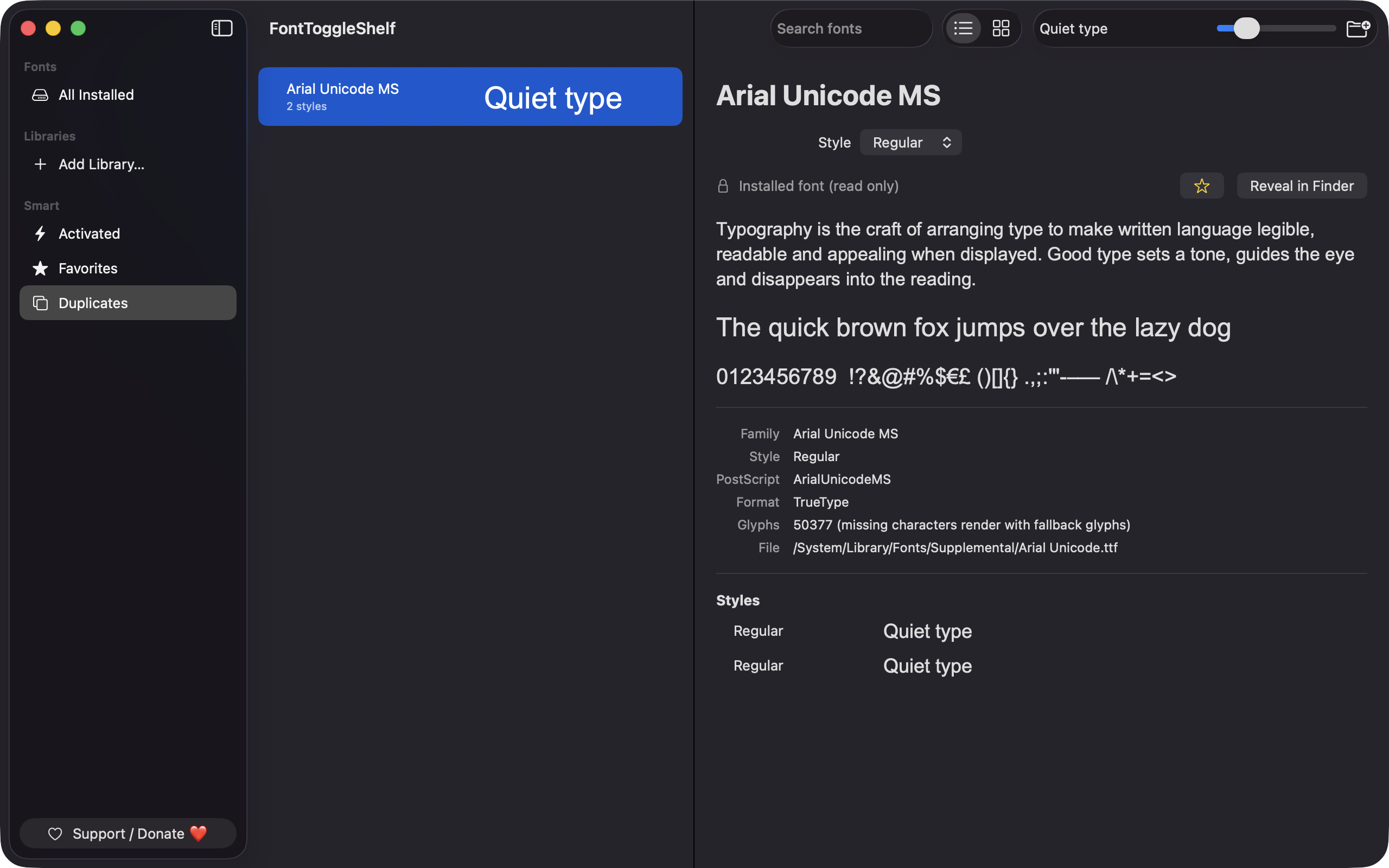 FontToggleShelf Duplicates view showing Arial Unicode MS with two Regular styles