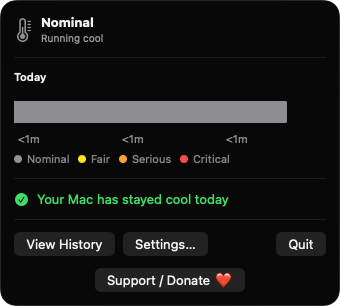 HeatLedgerBar menu bar popover showing Nominal state and today's thermal bar