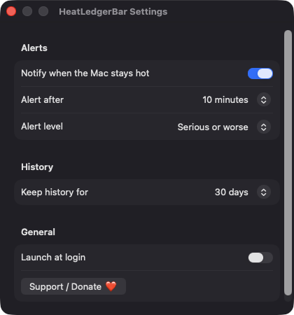 HeatLedgerBar Settings window with alert, history and general options