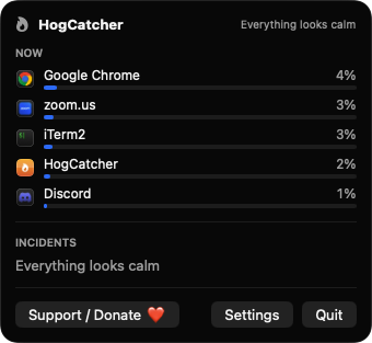 HogCatcher popover listing live CPU usage per app