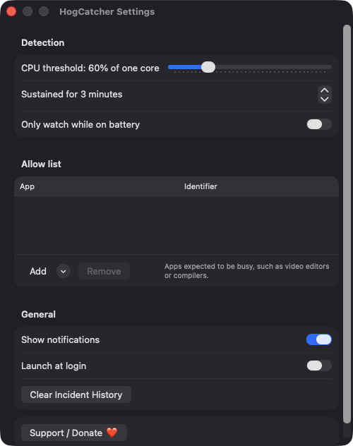 HogCatcher Settings window