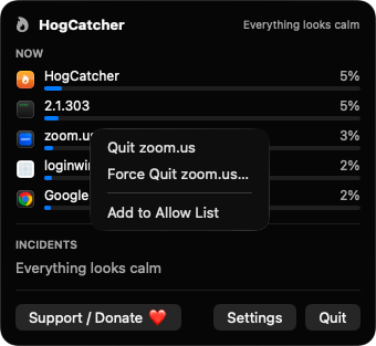 Context menu on an app row with Quit, Force Quit and Add to Allow List