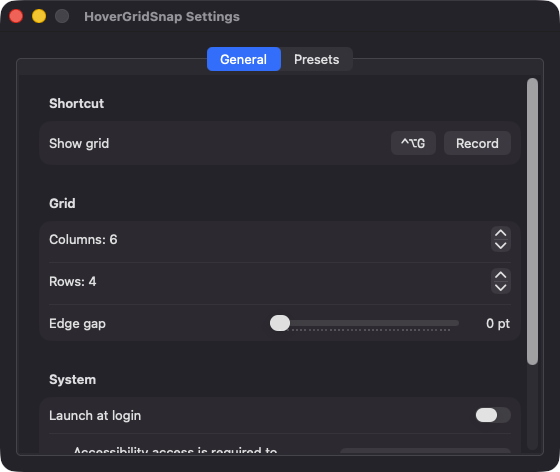 HoverGridSnap General settings with hotkey, grid size and edge gap