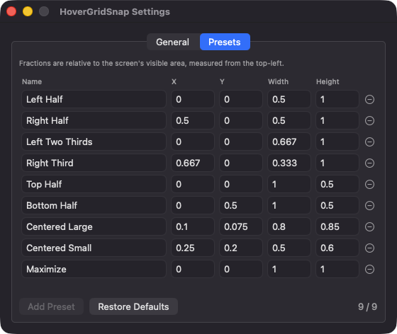 HoverGridSnap preset editor listing nine window layouts