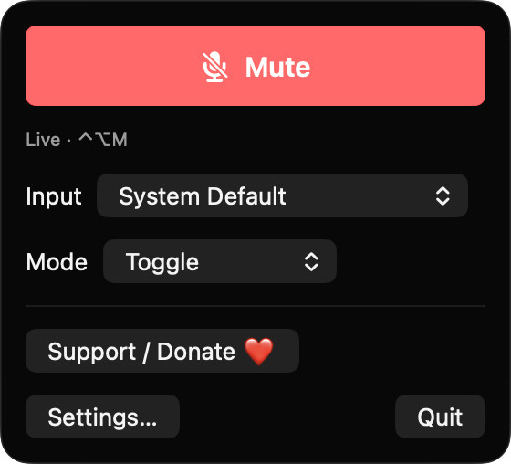 HushSwitch menu bar panel showing a red Mute button while the mic is live