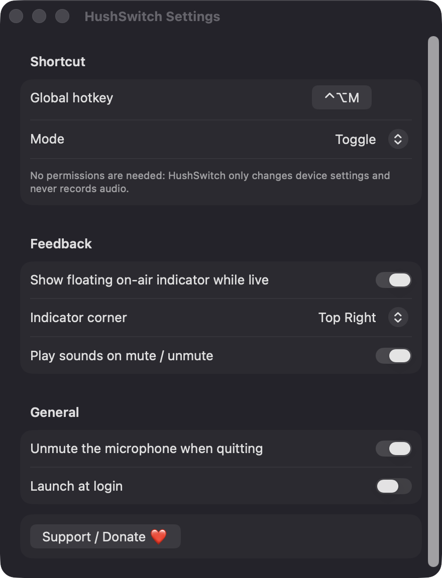 HushSwitch Settings window