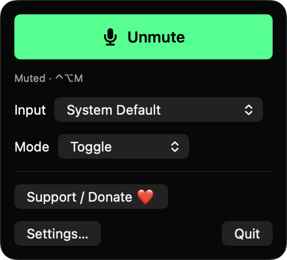 HushSwitch menu bar panel in the muted state with a green Unmute button