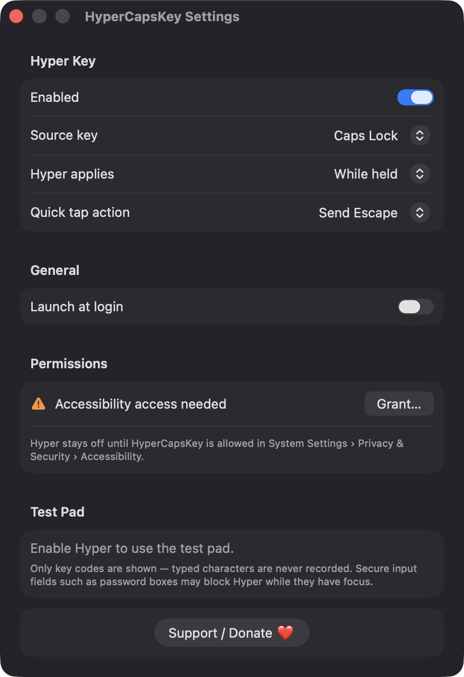 HyperCapsKey Settings window