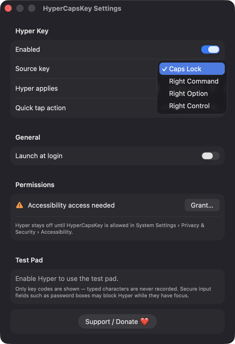 Source key picker showing Caps Lock and right-side modifier options