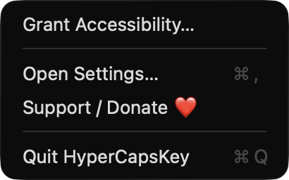 HyperCapsKey menu bar menu