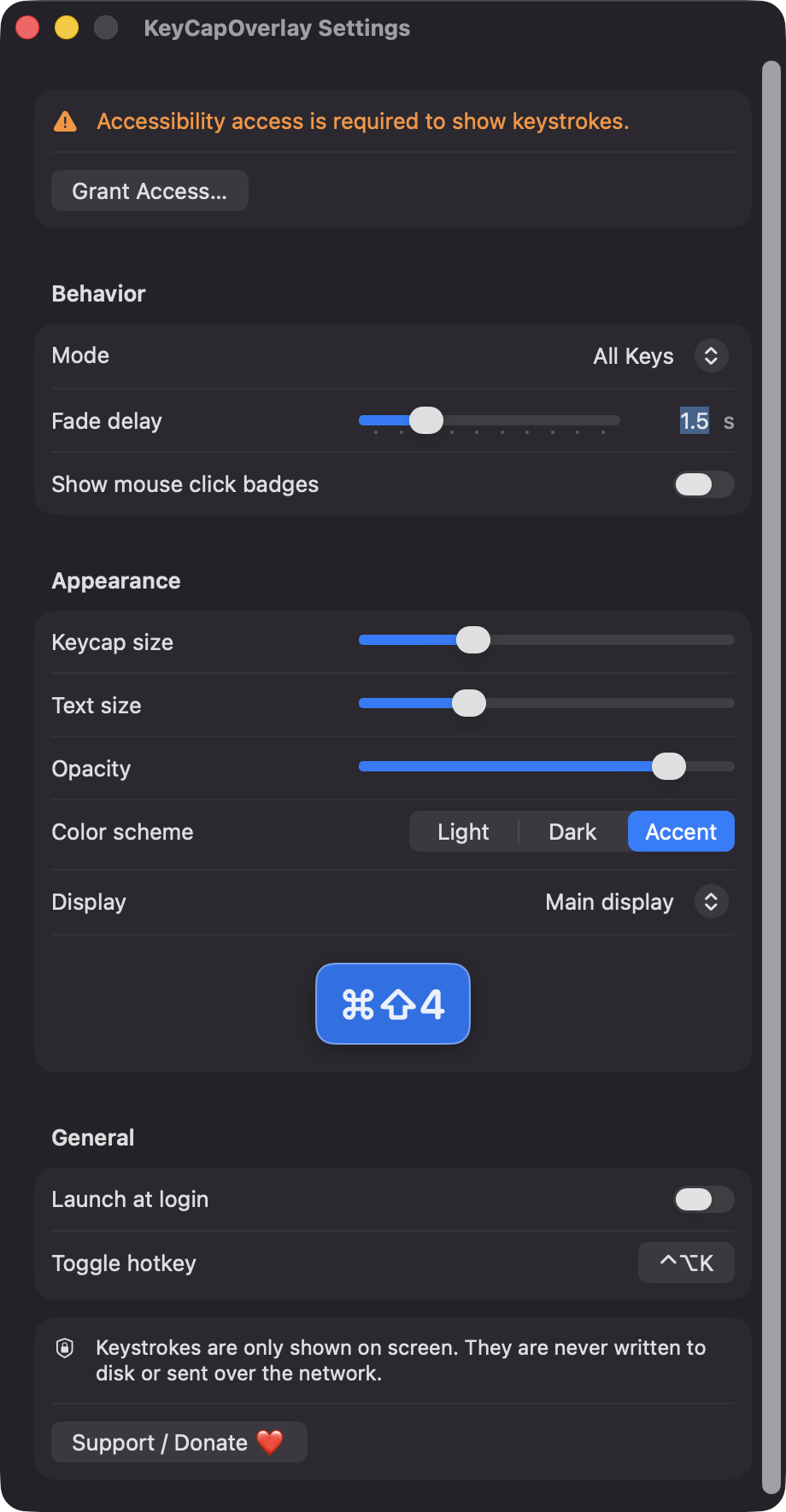 KeyCapOverlay Settings window with a blue keycap preview