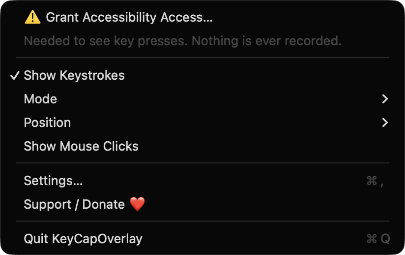 KeyCapOverlay menu bar menu
