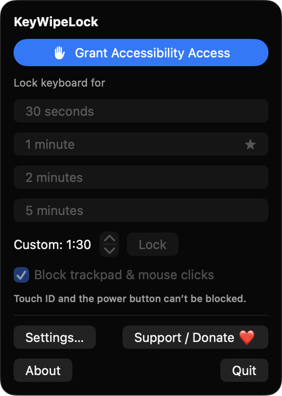 KeyWipeLock menu bar panel with lock duration presets