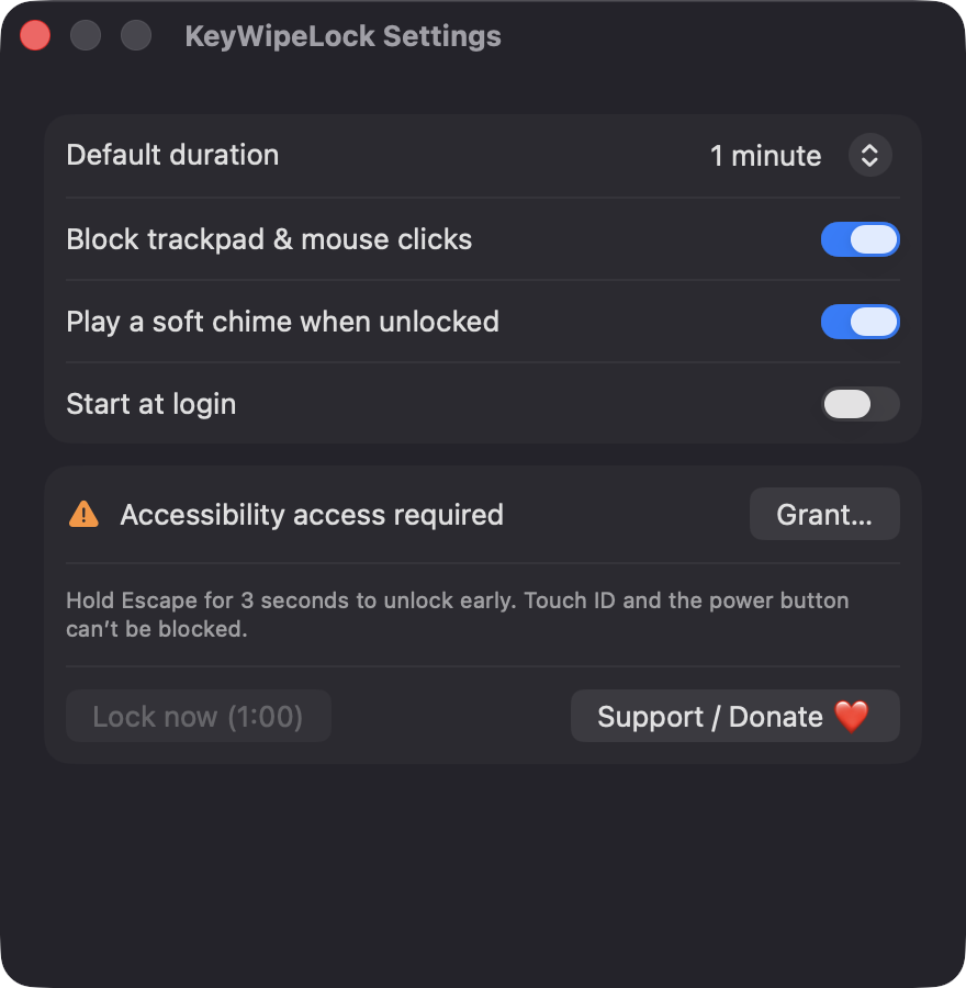 KeyWipeLock Settings window