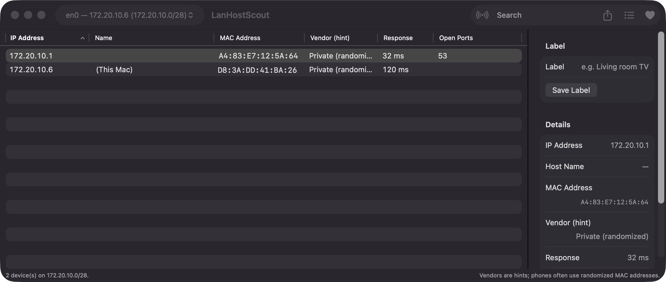 LanHostScout main window with device table and details sidebar