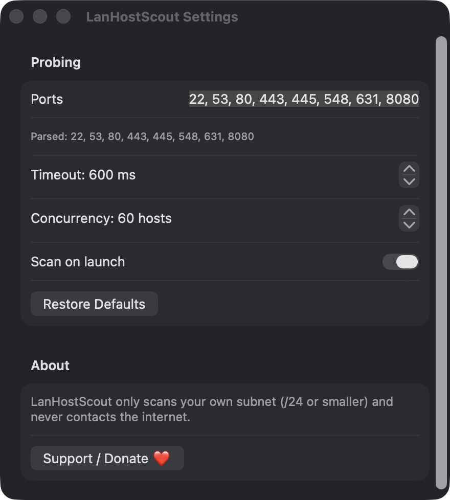 LanHostScout Settings window