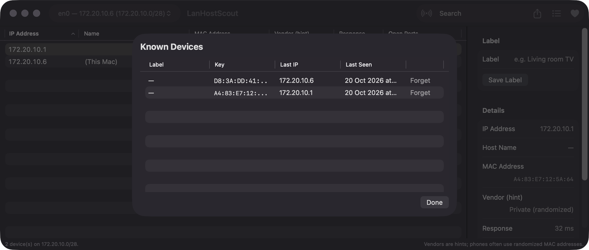 Known Devices sheet over the main window