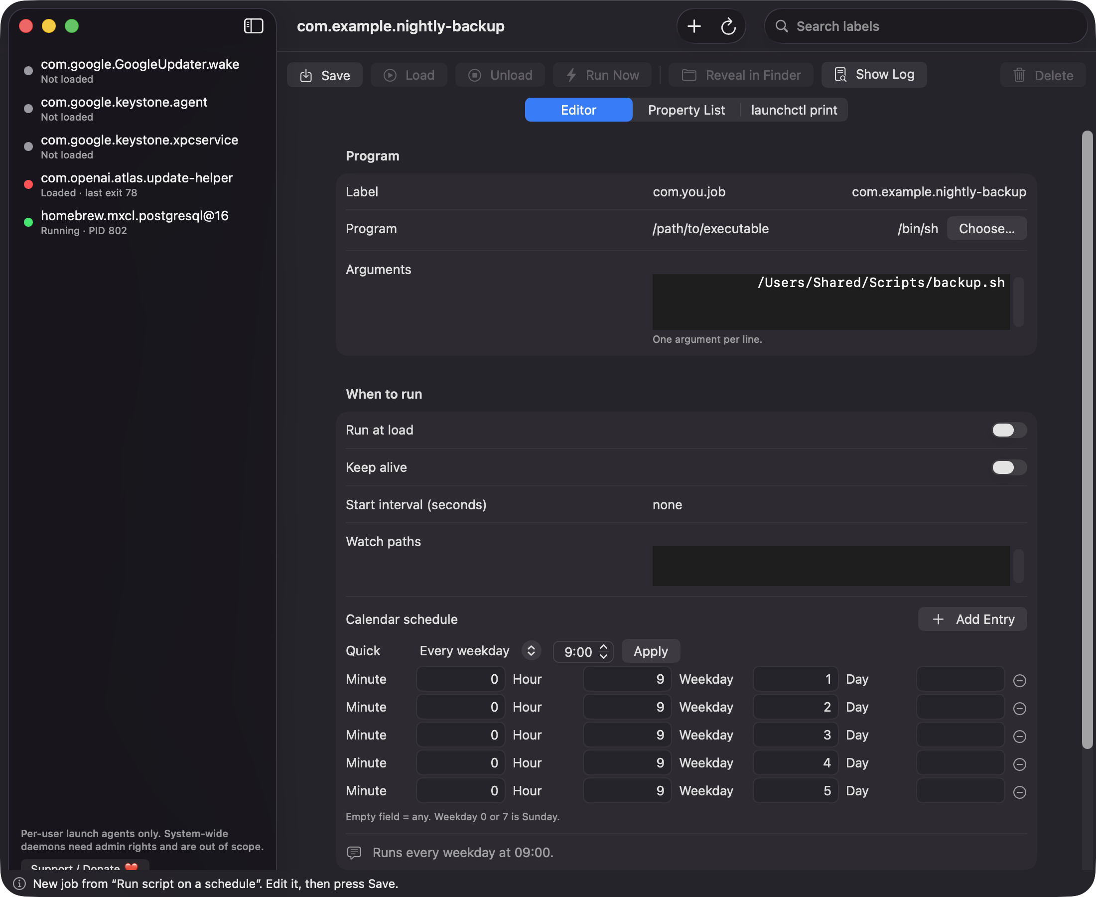 LaunchdLens job editor with a weekday 9:00 calendar schedule