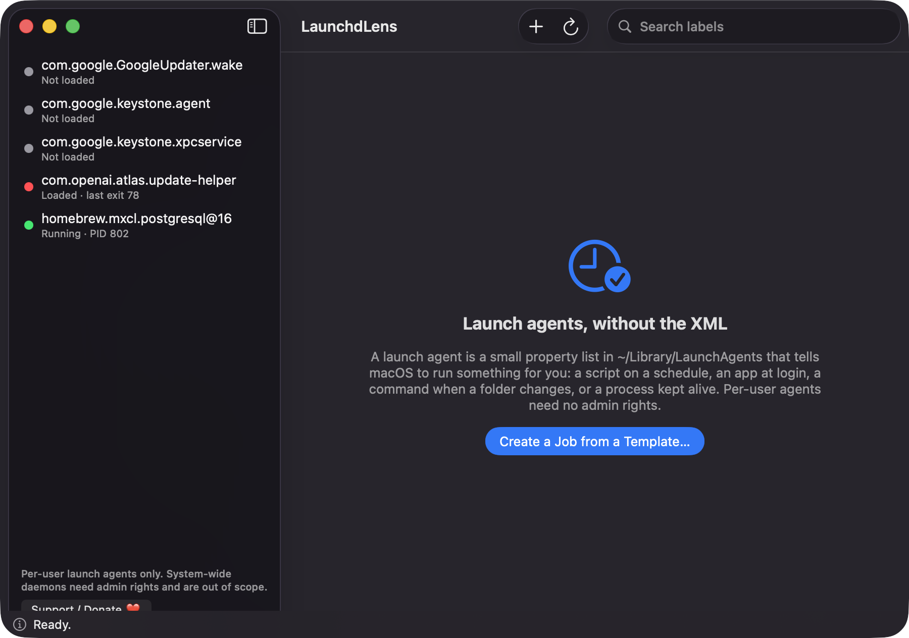 LaunchdLens main window with launch agents and colored status dots