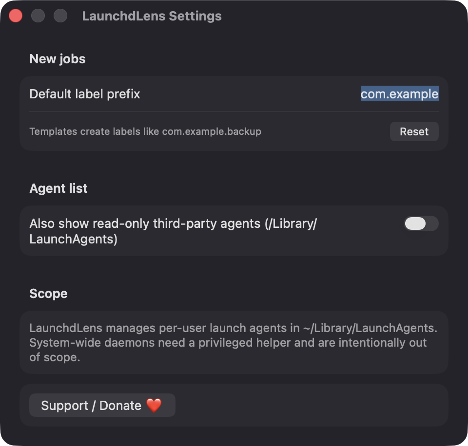 LaunchdLens Settings window