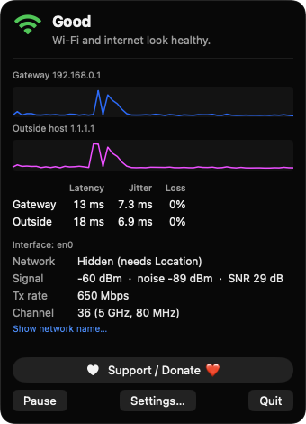 LinkQualityGlance popover showing a Good Wi-Fi verdict with sparklines and stats