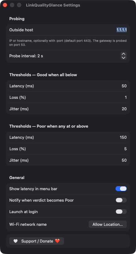 LinkQualityGlance Settings window with probing, thresholds and general options
