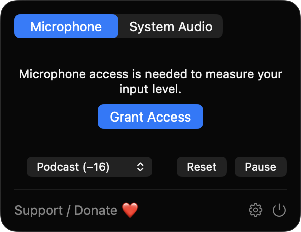 LoudnessGlance menu bar panel with microphone source selected