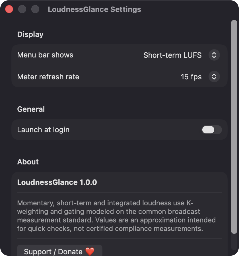 LoudnessGlance Settings window