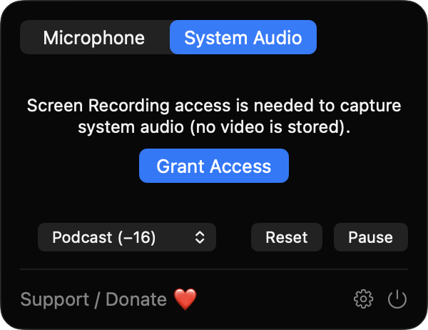 LoudnessGlance panel with System Audio source selected