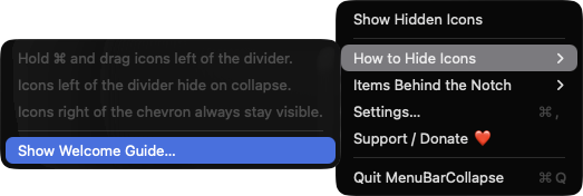 MenuBarCollapse quick menu with How to Hide Icons submenu