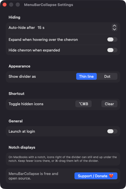 MenuBarCollapse Settings window