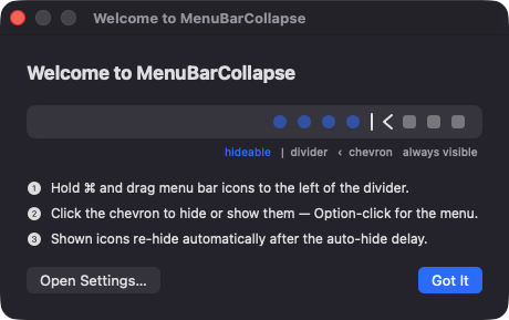 MenuBarCollapse welcome window with menu bar diagram