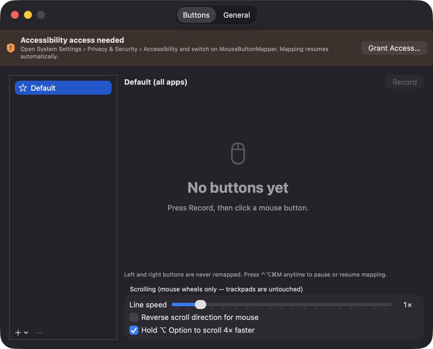 MouseButtonMapper Settings window showing the Buttons tab