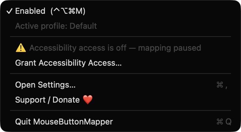MouseButtonMapper menu bar menu