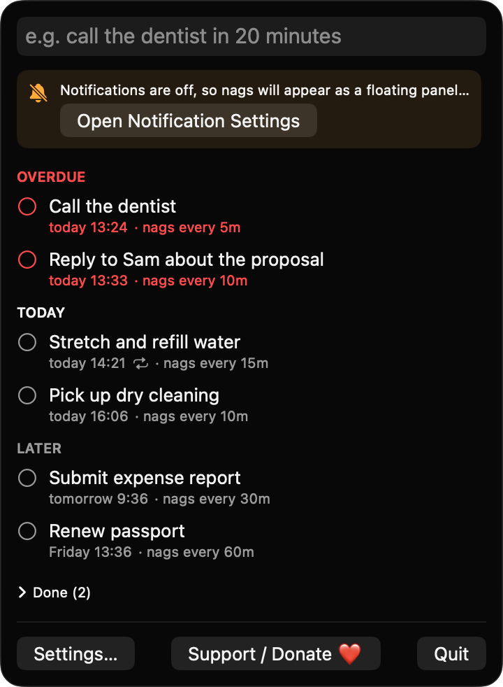 NagReminderBar menu bar window with overdue, today and later reminders